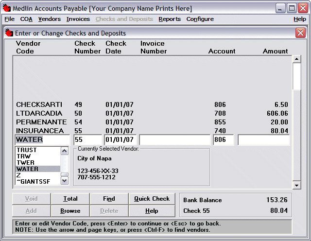 Medlin Accounts Payable Screenshot